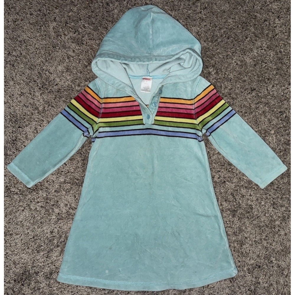 Gymboree Blue Fleece Dress With Hood Rainbow Stripes 2005 Dress Size 3 - Picture 1 of 6